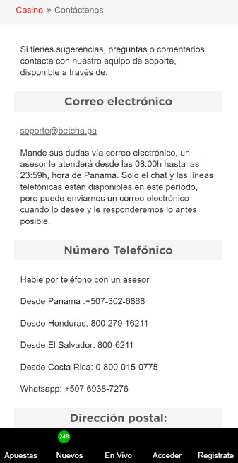 Betcha Panama Atención al cliente versión móvil