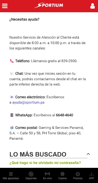 Sportium Atención al cliente Deportes Panama versión móvil