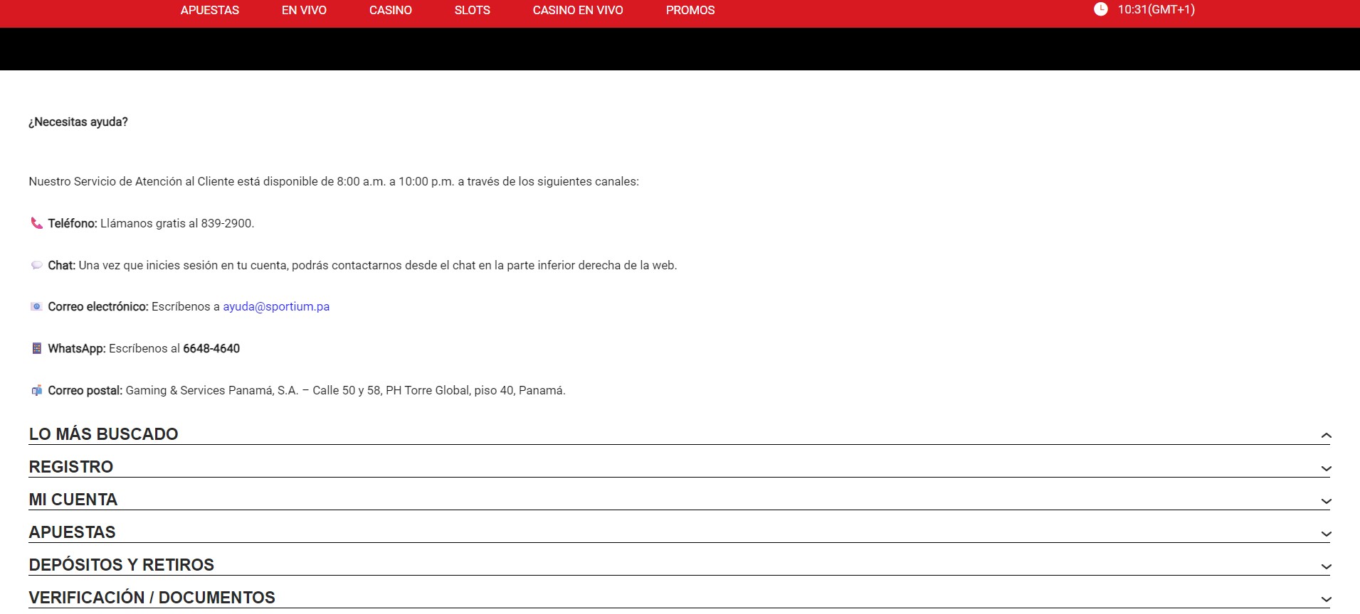 Sportium Atención al cliente Deportes Panama