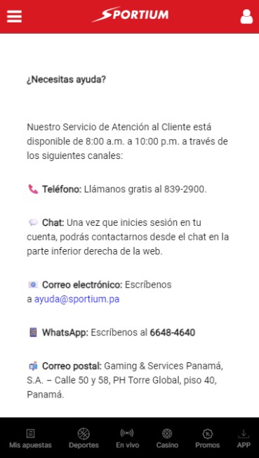 Sportium Panama Casino Atención al cliente